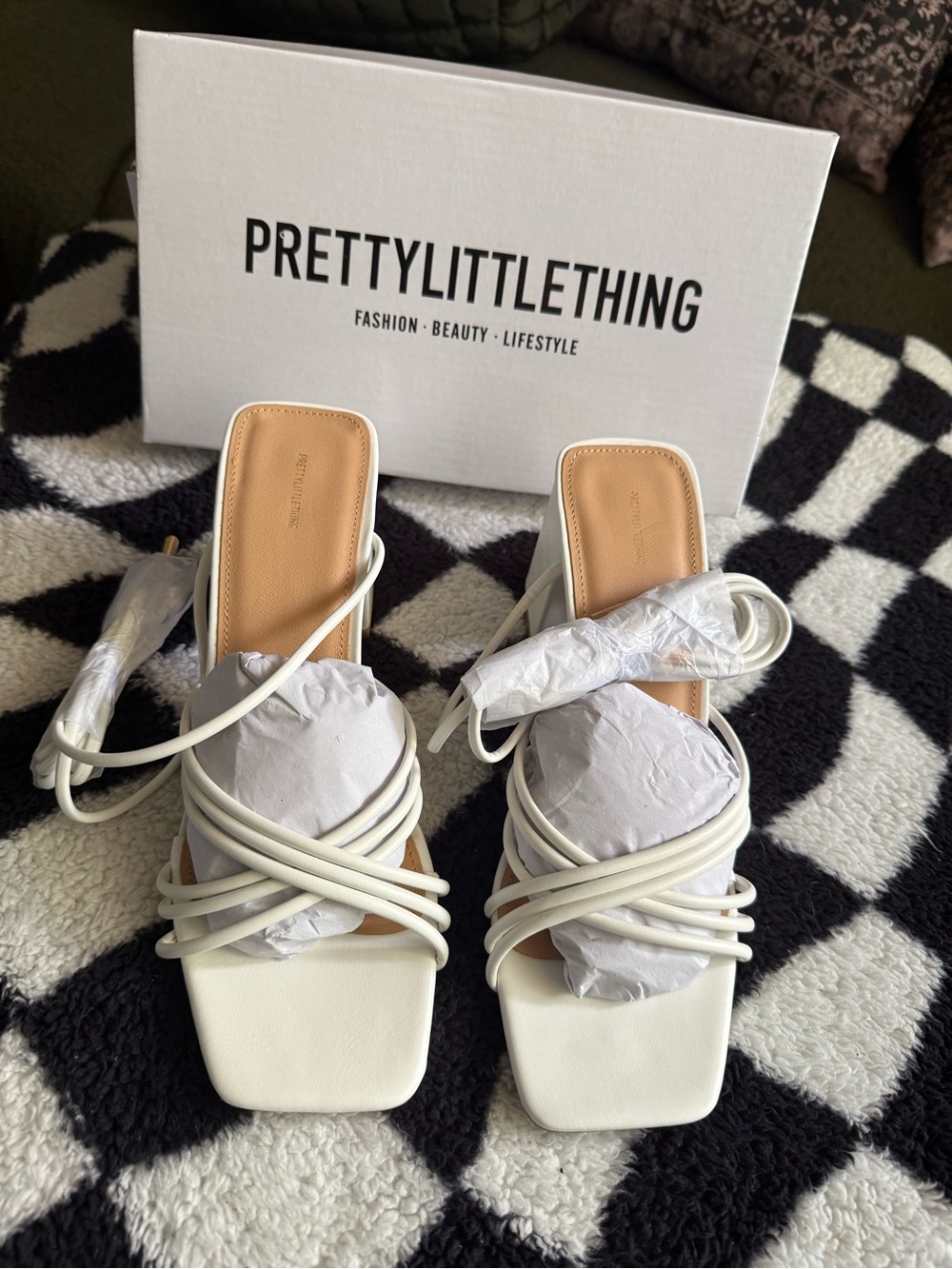 PrettyLittleThing White Strappy Square-Toe Wrap Heels